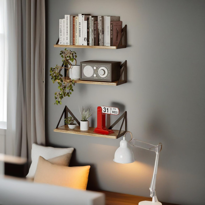 Rustic Wooden 3 Floating Shelf Set Wall Mounted Storage Shelves Display Rack
