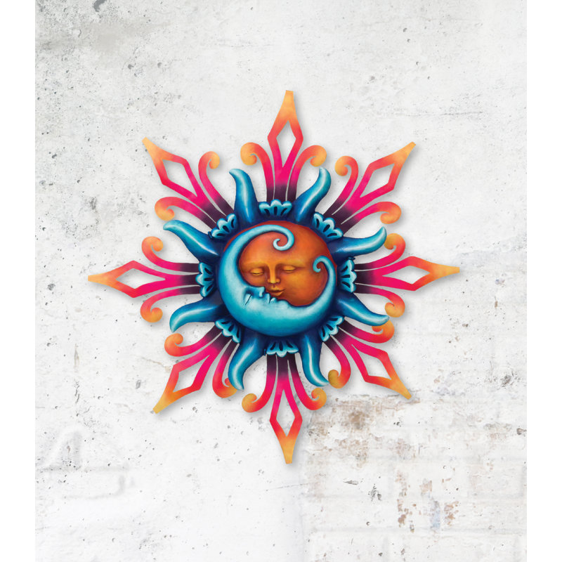 Décoration murale d'extérieur en métal 24 pouces avec finition multicolore résistante aux intempéries pour l'intérieur et l'extérieur - Soleil et lune