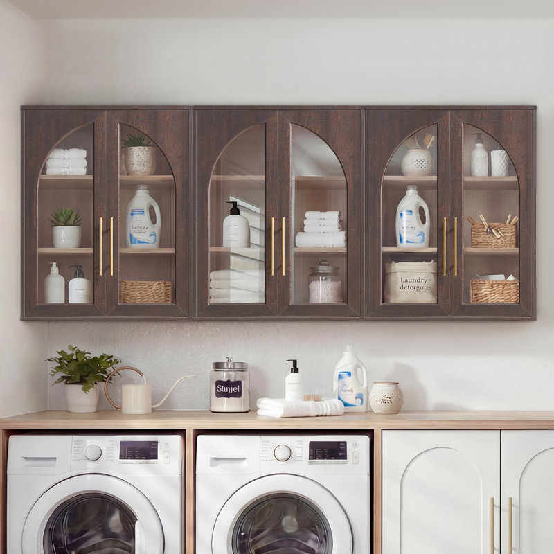 Modern Arched Bathroom Wall Cabinet With Glass Doors, Brown -3 Pcs, 31.4" H x 70.8" W x 9.4" D