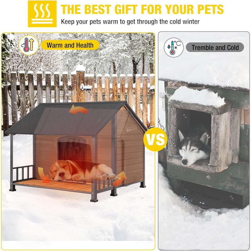 Large Insulated Wooden Dog House with Porch and Asphalt Roof