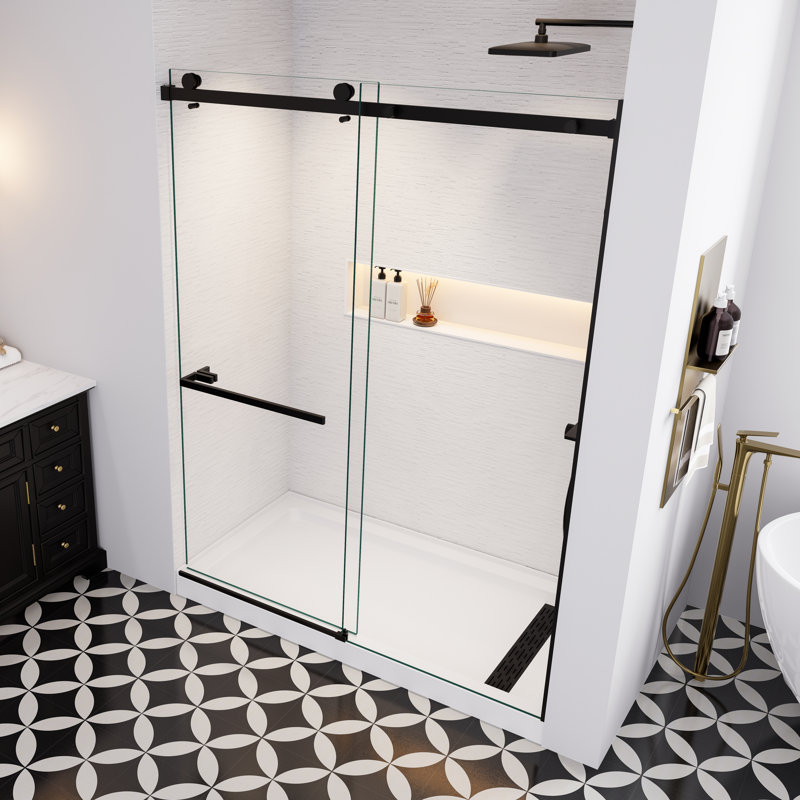 1-Hour-Assembly 56" - 60" W X 75" H Single Sliding Frameless Shower Door With 5/16"(8mm) Clear Tempered Glass, Stainless Steel Frame, Explosion-Proof Film
