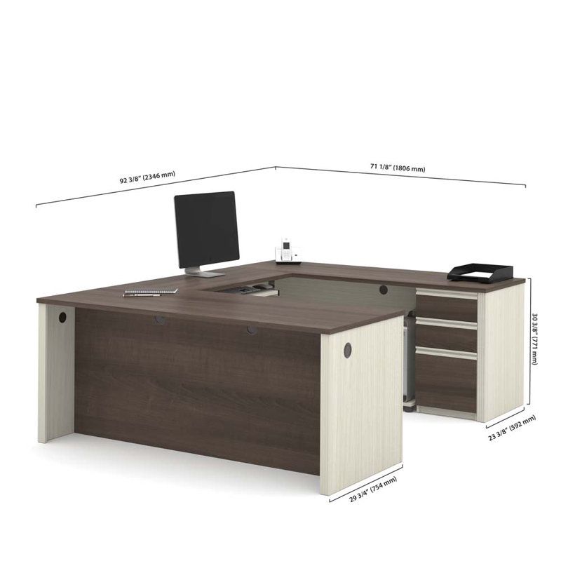 Bureau en U réversible Ornello, Chocolat blanc et Antigue