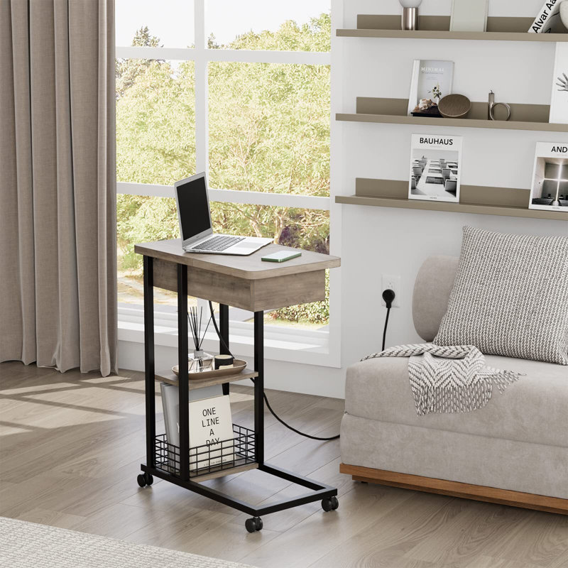C Shaped End Table With Charging Station, Gray