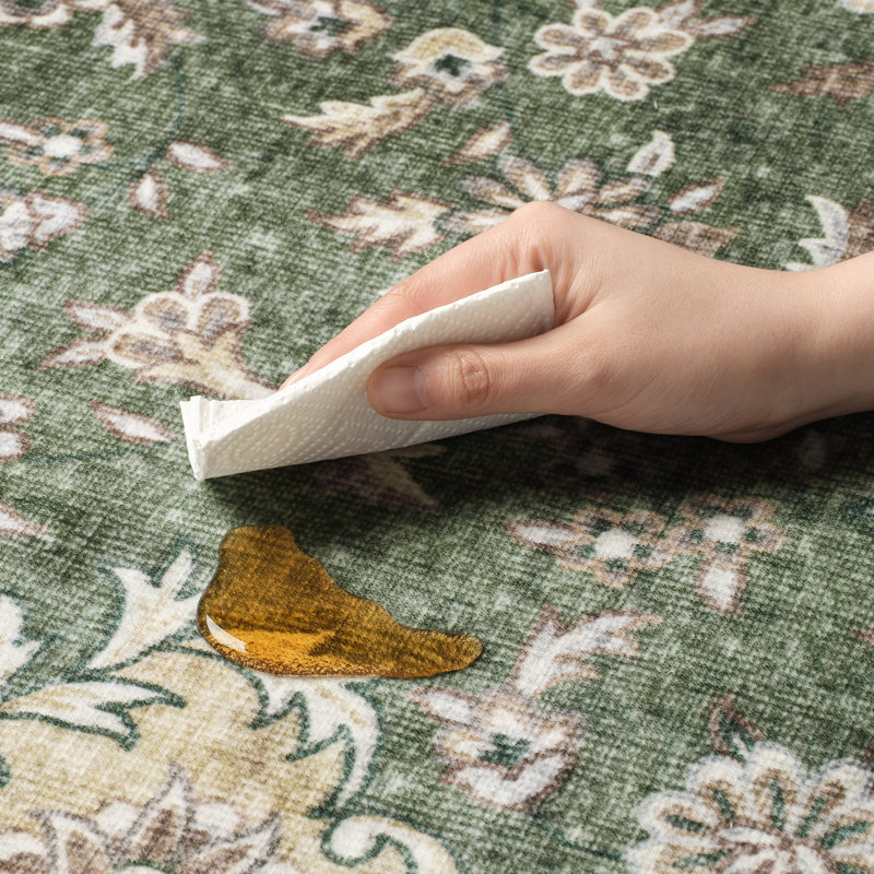Floral Green Non-Slip Washable Area Rug, Rectangle 8' x 10'