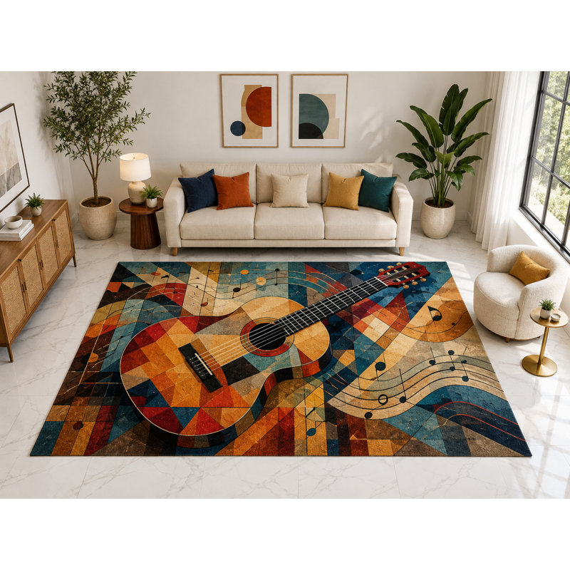 Grand tapis de notes de guitare de 6 pi 7 po x 9 pi 10 po «Ultra Thin», tapis intérieur doux à poils courts, envers en silicone antidérapant pour salle familiale