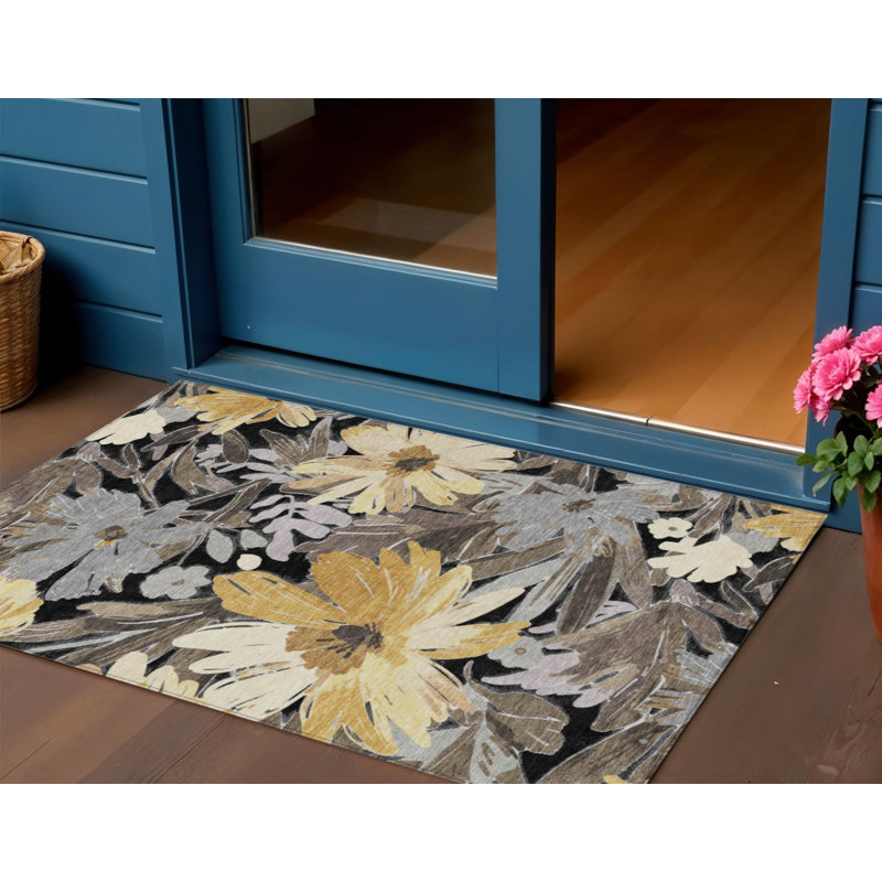 3' X 5' Black And Gray Floral Washable Indoor Outdoor Area Rug