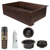 33" Hammered Copper Kitchen Apron 30/70 Double Basin Sink with Short 5" Divider w/ Matching Drains and Accessories