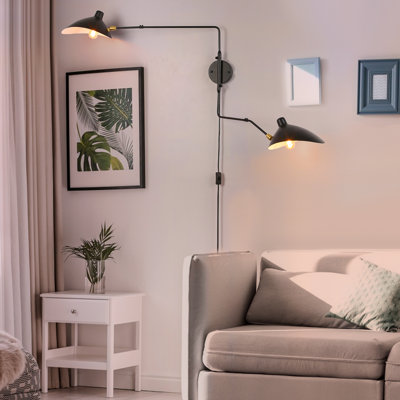 Vintage Modern Black Rotatable Plug In Wall Sconce, 2-light Double Swing Arm Metal Wall Lamp For Bedroom