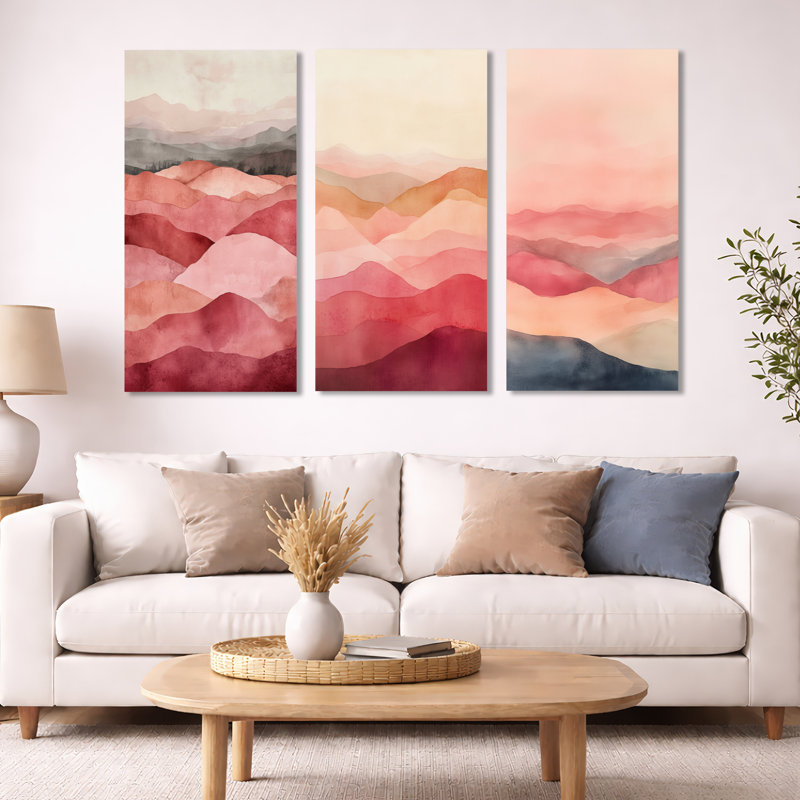 Fragmented Terrain in Blush - Paysage abstrait encadré, décoration murale 3 panneaux, H 32 po x l 48 po, Toile tendue