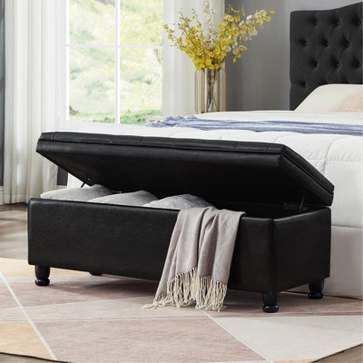 Banc de rangement rembourré capitonné à boutons, banc d'entrée en similicuir avec pieds en bois fuselés, banc de lit - noir