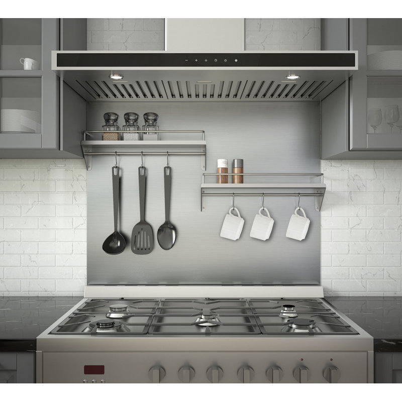 Stainless Steel Wall-Mounted Backsplash with Two-Tiered Shelf and Rack