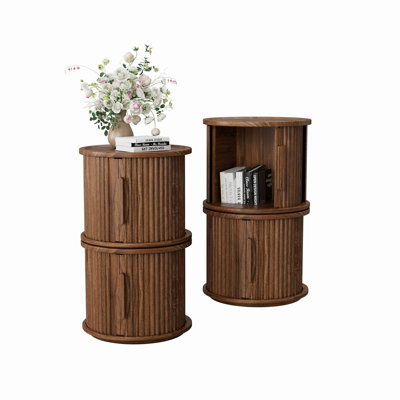 4Piece Round Coffee Table Set, Modern Nesting Side Tables with Sliding Door Storage Finish Sofa End Table & Bedside Nightstand for Living Room & Bedroom, Fluted Roman Column Design Accent Table