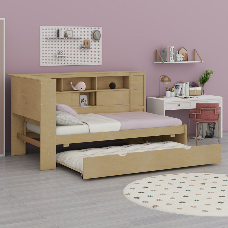 Daybed With Storage Shelves, USB And Trundle, Natural