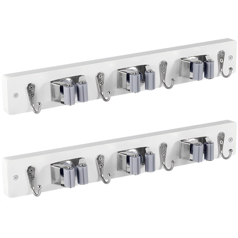 Ensemble de 2 porte-balais blancs avec 3 fentes, 4 crochets, support de balai en bois rustique pour l'organisation de la cuisine du garde-manger, organisateur d'outils de jardin pour la salle de lavage du placard