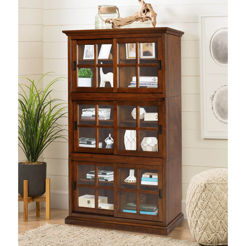 Bibliothèque empilable à 3 niveaux H 80 po x l 47 po avec portes coulissantes en verre et tablettes à hauteur réglable Ansela