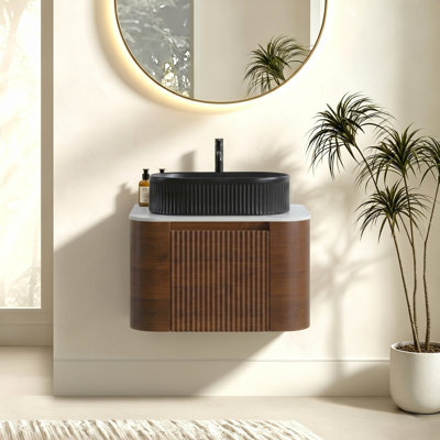 Meuble-lavabo de salle de bain avec lavabo, armoire murale en noyer avec porte-serviettes gratuit, lavabo simple en céramique rayé ovale noir, sans drain et robinet, pré-assemblé