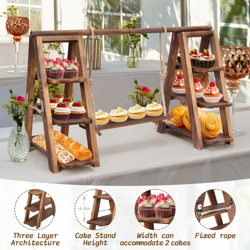 3 Tier Serving Tray Solid Wood Ladder Stand Wooden Double Dessert Table Display Rack