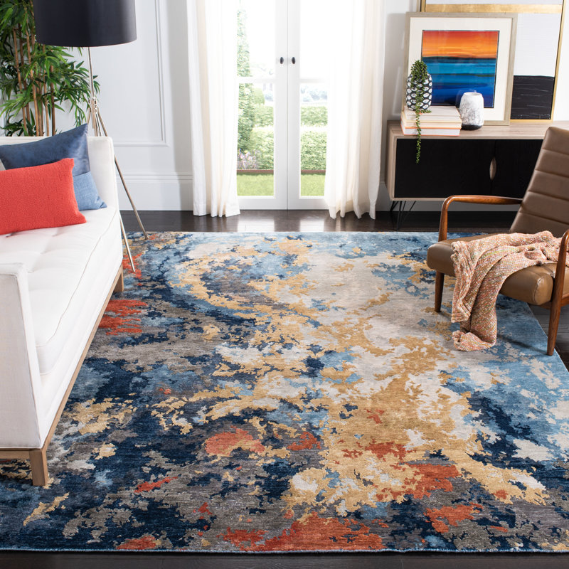 Tiffany Abstract Hand Knotted Blue/Gold Area Rug, Rectangle 10' x 14'