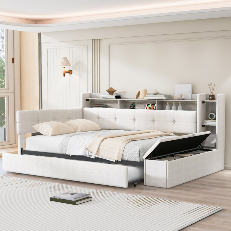 Lit de jour rembourré avec rangement, lit gigogne, charge USB et lumière DEL, Beige, Twin