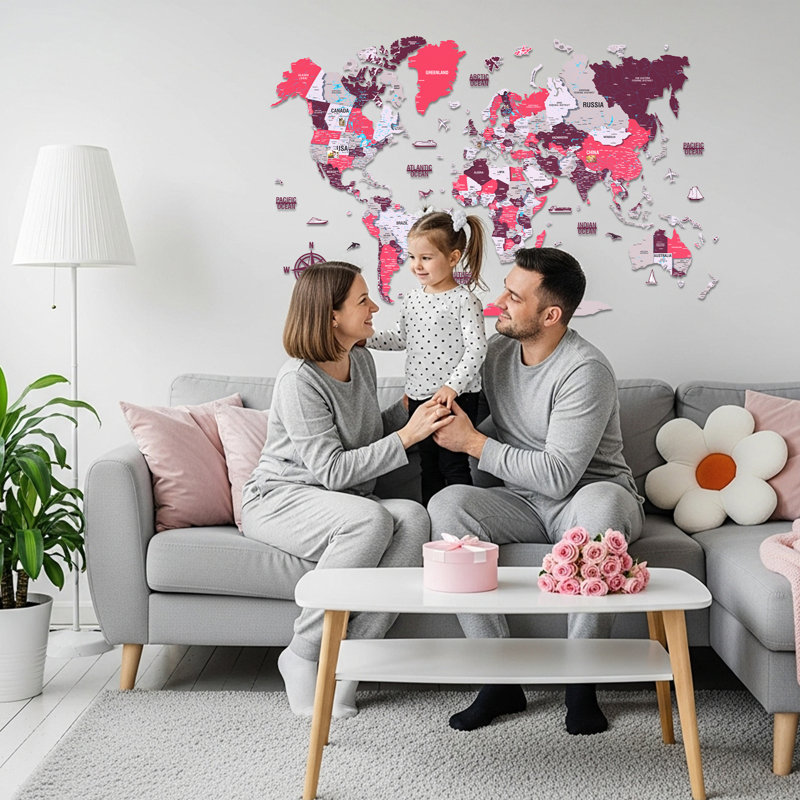 3D Wooden World Map – Multicolor UV Printed Wall Art, Modern Home & Office Decor, Crimson, 49.2" H x 70.9" W x 0.4" D