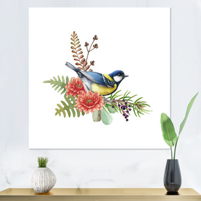 " Blue Big Tit Bird With Flowers " Painting Print