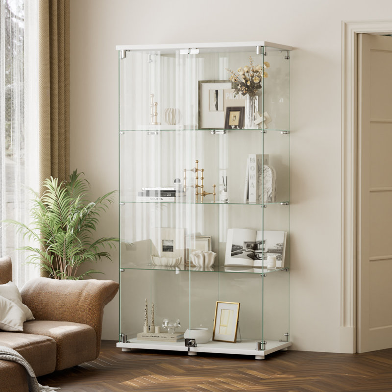 Tempered Glass Display Cabinet, Clear Showcase For Collectibles, White