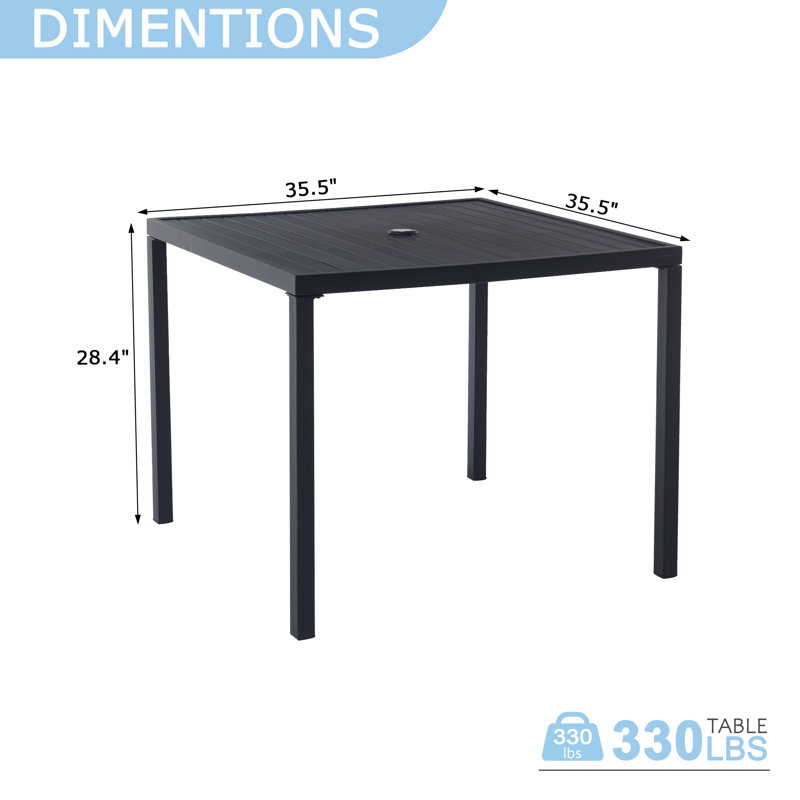 Table de salle à manger d'extérieur carrée toutes saisons de 35,5 po pour 4 personnes, table de salle à manger en métal noir avec trou de parasol réglable, table de bistro