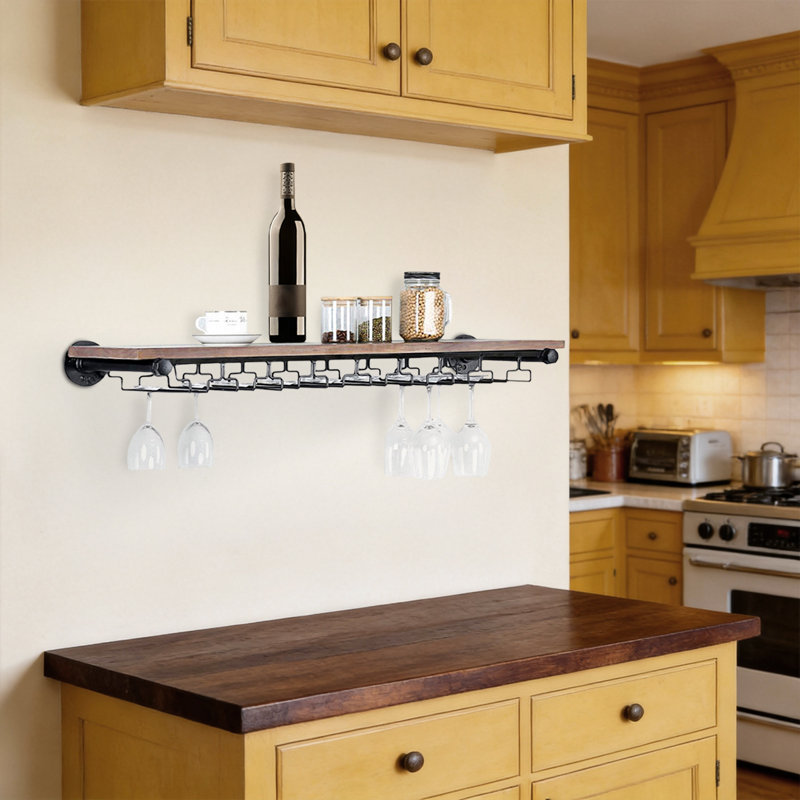 Gutow Wall Mounted Wine Bottle & Glass Rack in Wooden, 0.78" H x 36" W x 9.8" D