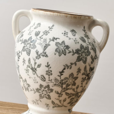 Vintage Gray Chinoiserie Floral Ceramic Vase, Rustic Farmhouse Home Decor For Living Room, Bookshelf, Office, Entryway, Or Garden