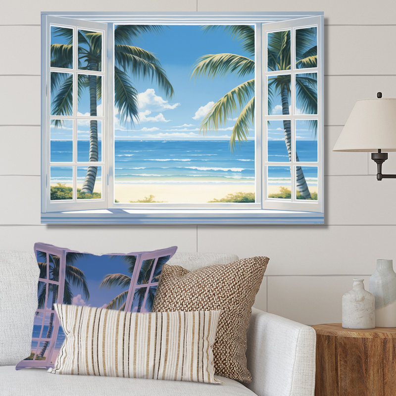 Vue sur l'océan par une fenêtre blanche ouverte I - art sur toile côtier, Toile tendue, H 34 po x l 44 po x P 1,5 po