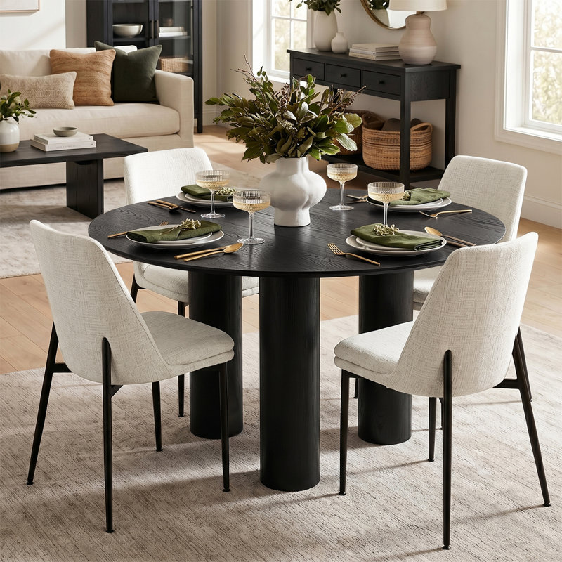 Modern 5-Piece Round Dining Set With Multi-Pedestal Base Table And Upholstered Side Chairs, Beige