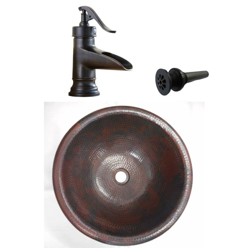 15" Round Copper Drop-in Bath Sink, 7" Pump Faucet Included