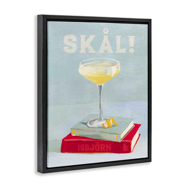Art mural sur toile Skal Cocktail & Bookstack Floater par The Whiskey Ginger, Cadre flottant noir de jais, H 21 po x l 17 po