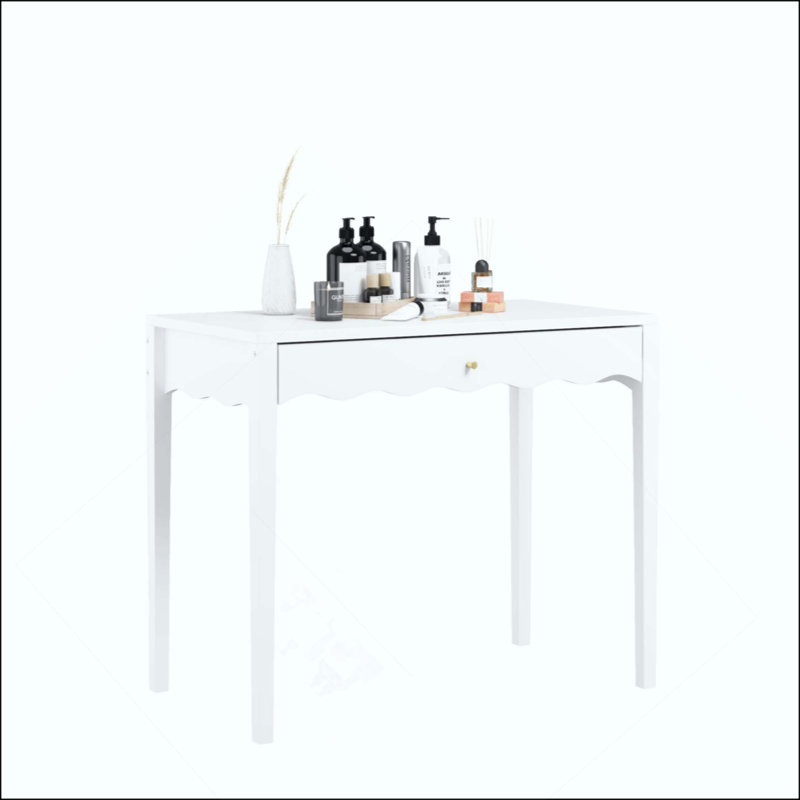 Bureau de meuble-lavabo avec tiroir - table de maquillage moderne avec façade festonnée et poignée dorée, bureau d'écriture compact avec 4 pieds robustes pour la chambre à coucher, petit bureau à domicile et appartement, sans miroir inclus