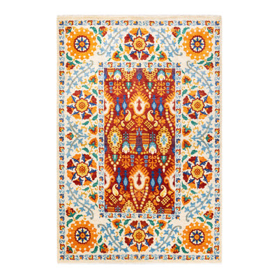Tapis unique en laine noué à la main 6 pi 2 po x 9 pi 4 po nouvel âge Suzani en bleu / rouge / jaune