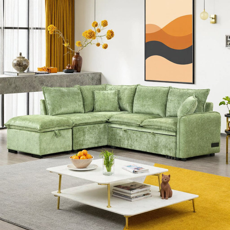 82.67 Inch Green Chenille Convertible Sofa Bed, L-Shaped Sectional Sleeper with Storage Ottoman, 2 Pillows, Power Sockets, USB Ports