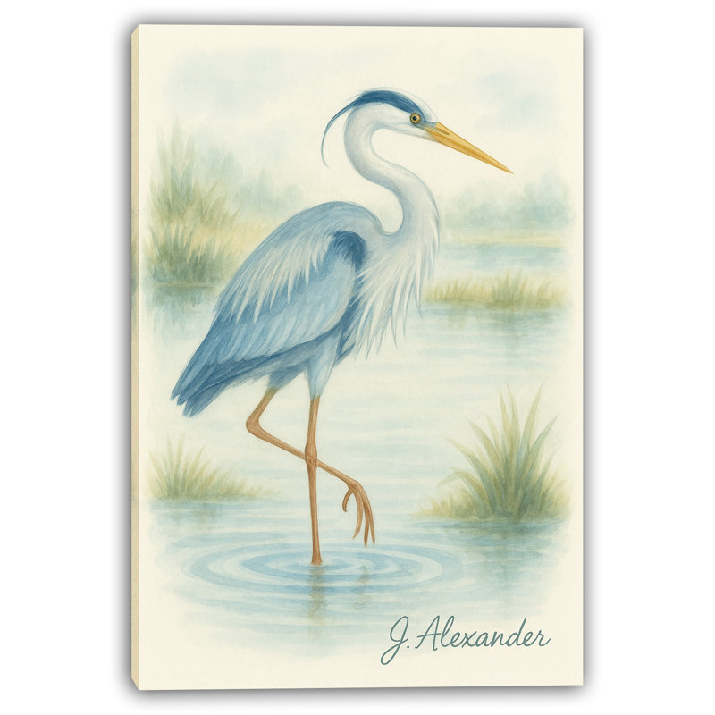 «Blue Heron Reflection - Tranquil Wetlands», art mural sur toile