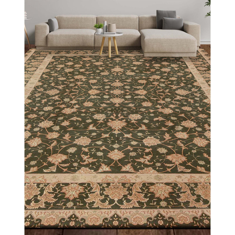 Tapis vert olive de haute qualité noué à la main