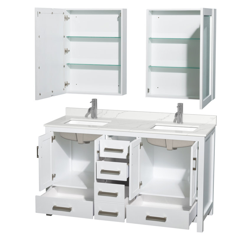 Sheffield 60" Freestanding Double Bathroom Vanity with Quartz Top with Medicine Cabinets, Chrome, White, Giotto Quartz