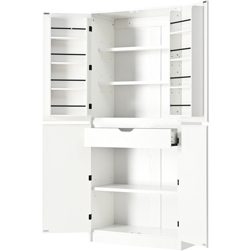 White 72" High Pantry For Kitchen And Dining Area, 8 Door Shelves, 3 Adjustable Curved Profile, Hidden Drawer Tall American Classic Cabinet, Internal Storage, Smooth Drawer, Handle - Less, Tipping
