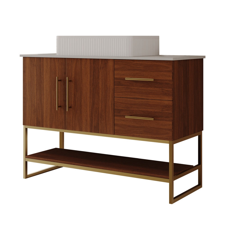 Meuble-lavabo moderne de 36 po avec lavabo vasque en céramique, armoire d'appoint dorée, Walnut