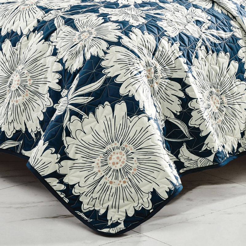 King Size Blue and White Floral Polyester Bedspread Set