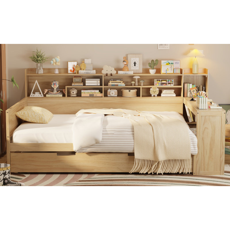 Lit de jour en bois avec tablettes de rangement, lit multifonctionnel avec lit gigogne et bureau d'étude, Naturel