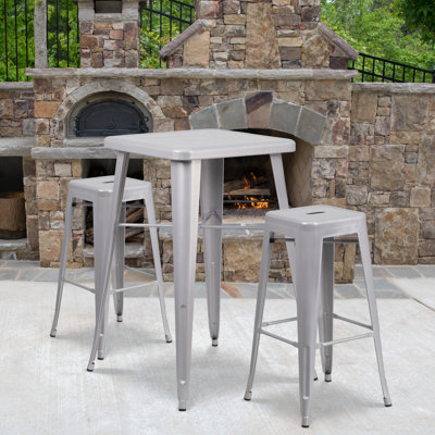 Ensemble de bar carré en métal pour l'intérieur et l'extérieur de 23,75 po avec table et 2 tabourets carrés Gyeong
