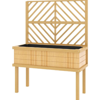 Stylized Trellis Self - Draining Elevated Wood Planter, Raised Garden Bed For Climbing Plants, 39" X 14.25" 10.25" Inner Planting Area, 24.5 Gallons Soil, Natural Color, Fir Construction, 41.25" W