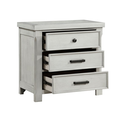 Bedroom Nightstand With 3 Drawers In Gray Style, Wooden Bedside Cabinet Veneer Bottom Drawer And Flat Black Bar Pulls, No Assembly Needed - Bearing Glides ,