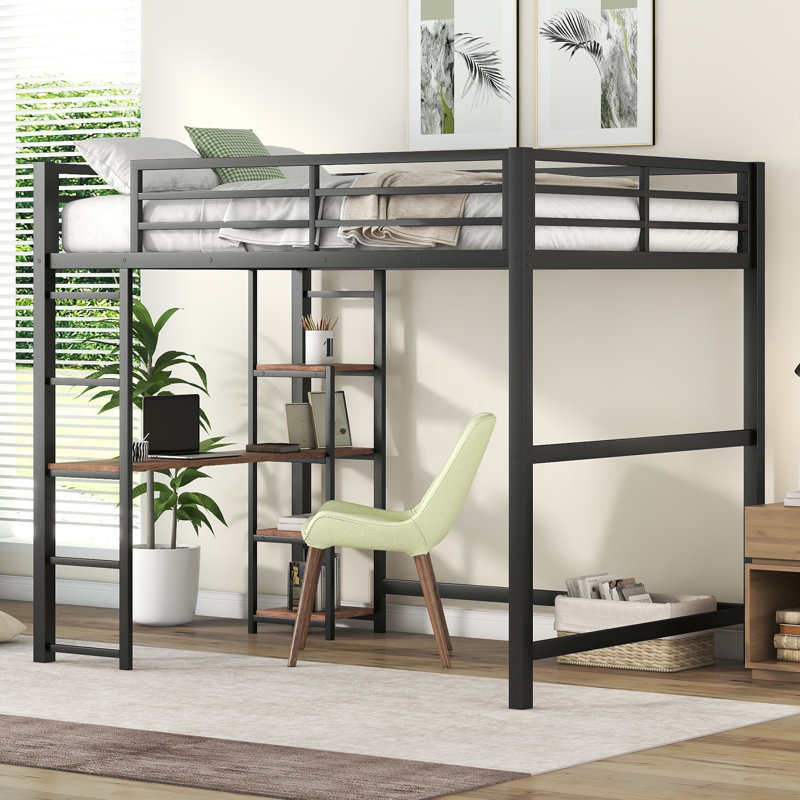 Lit mezzanine en métal avec bureau intégré et tablettes de rangement
