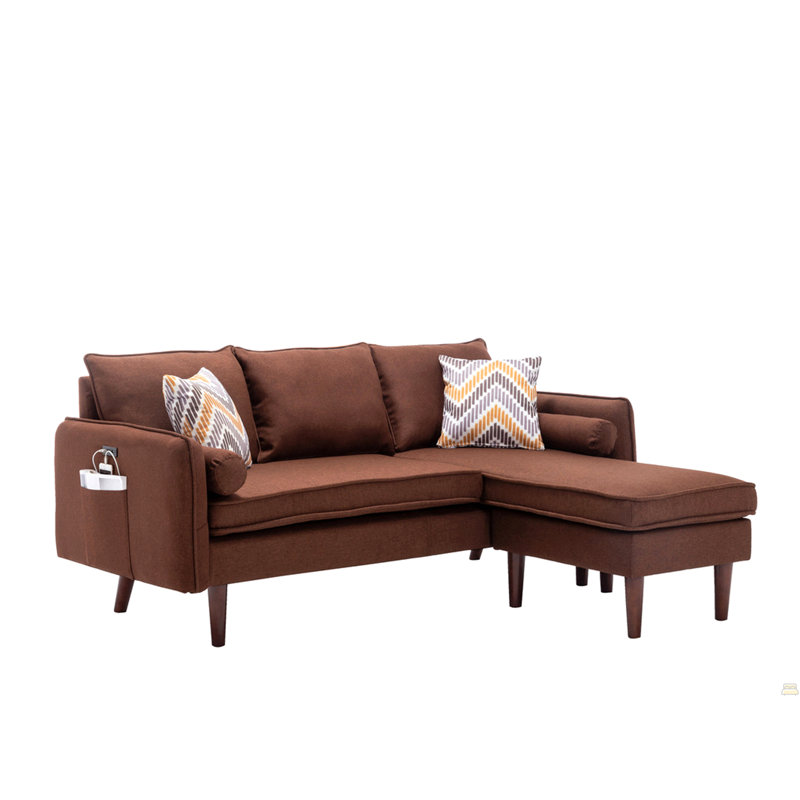 Mia 70" Brown Sectional Sofa Chaise With USB Charger & Pillows, Brown Linen
