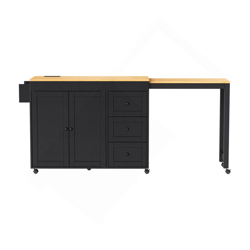 74.8" Kitchen Island with Extendable Dining Table, Kitchen Storage Cart with 3 Drawers, Power Outlet, Rolling Kitchen Island on Wheels with Spice Rack and 2 Door Cabinet, for Kitchen
