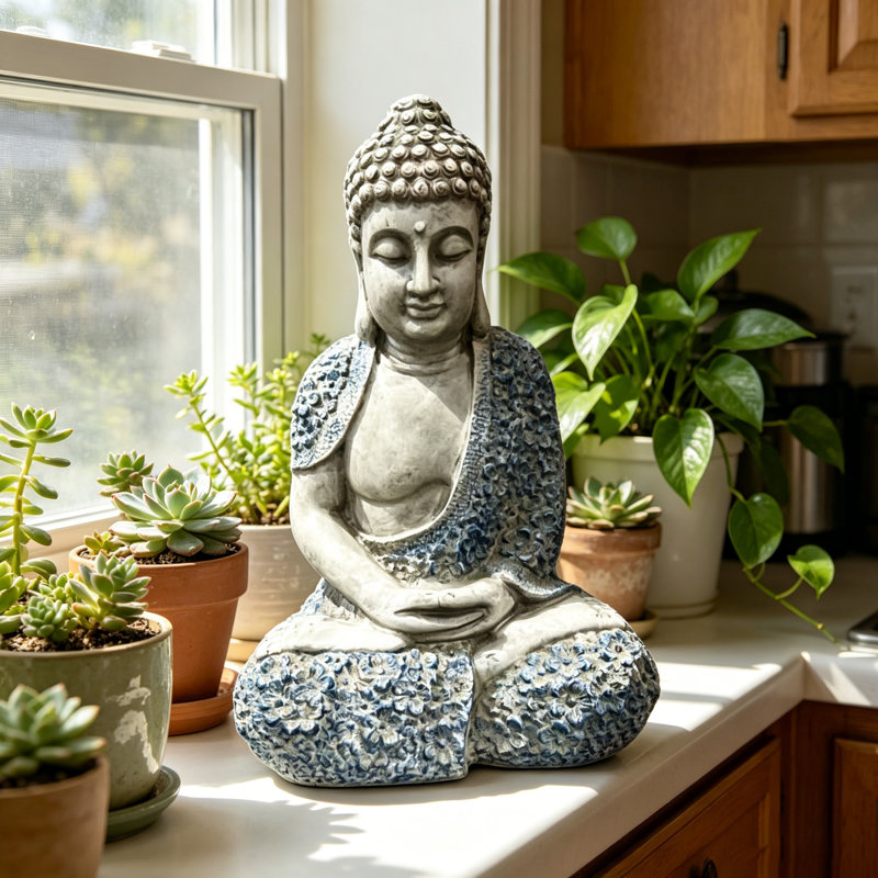 Statue de Bouddha de jardin Rory de 16 po en résine résistante aux intempéries, Bouddha